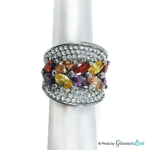 Wide Multi Color Crystals Silver Tone Concave Statement Ring - Picture 2 of 13